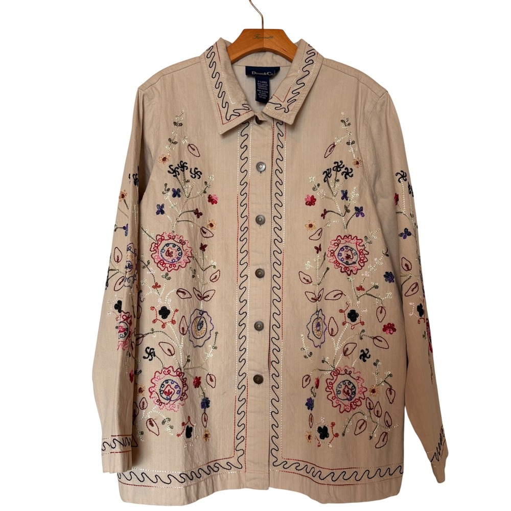 DENIM & CO Tan Cotton Embroidered Floral Button Front Shirt‎ Jacket Women XL